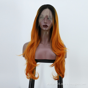 Aisi Hair Wholesale Vendor Body Wave Curly Long Wavy Ombre Orange Lace Frontal Synthetic Hair For Black Women Lace Front Wig